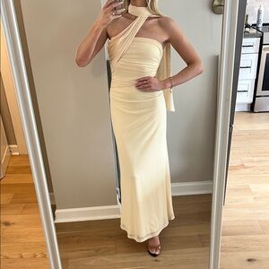 Peppermayo Yellow Asymmetrical Ruched Sheath Dress